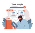 Trade Margin Analysis. A financial concept illustration showing cost versus sales price to calculate trade margins.