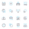 Trade regulation linear icons set. Competition, Antitrust, Monopoly, Cartel, Price-fixing, Mergers, Acquisitions line