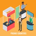 Trade show, fair, exhibition event scene, vector isometric illustration. Sales promoters standing behind promo counters. Royalty Free Stock Photo