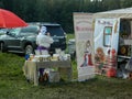 Trade Slavic household items at the festival of historical clubs in the Kaluga region of Russia.