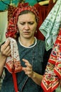 Trade Slavic household items at the festival of historical clubs in the Kaluga region of Russia.