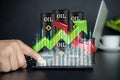 Trade of stock. Chart of forex with candles. Graph for financial market. Stock trade data on graph with barrel of oil