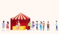 Trade tent, ice cream counter, seller under a canopy, selling ice cream, drinks, corn, fast food, sweets. People Royalty Free Stock Photo