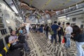 Trade and visitors queue to get into cockpit inside the static C-17 transport plane at Singapore Air Show 2016 held at Changi.