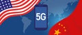 Trade war conflict around 5G network technology illustrated with map and flag between USA and China Royalty Free Stock Photo