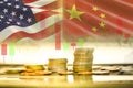 Trade war economy USA America and China flag candlestick graph background Stock market exchange analysis Royalty Free Stock Photo