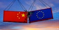 Trade war. Two freight containers with European Union and China flag crashing into eachother. 3D Rendering