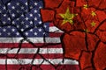 Trade war between United states of america VS China . flag on cracked wall background . Confliction and crisis concept . Royalty Free Stock Photo