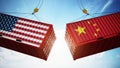 Trade wars concept with American and Chinese flag textured cargo containers clashing. 3D illustration Royalty Free Stock Photo