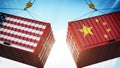 Trade wars concept with American and Chinese flag textured cargo containers clashing. 3D illustration Royalty Free Stock Photo