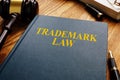 Trademark law and gavel on wooden surface. Copyright concept