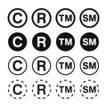 Trademark, registered trademark, copyright, and service mark symbol. Vector collection of intellectual property icons