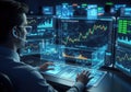 Trader analyzing financial data on advanced holographic interface Royalty Free Stock Photo