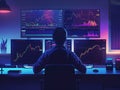Trader Analyzing Financial Data on Multiple Computer Screens