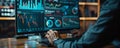 Trader Analyzing Financial Data on Multiple Screens in Modern Office