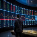 Trader Analyzing Stock Market Trends on Large Display with Live Graphs and Moving Prices Royalty Free Stock Photo