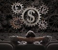 Trader or broker looking on currencies working gears 3d illustration