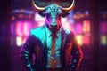 Trader business man suit with bull head sit at office background. Professional and financial concept. Generative ai