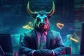 Trader business man suit with bull head sit at office background. Professional and financial concept. Generative ai