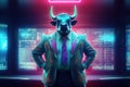 Trader business man suit with bull head sit at office background. Professional and financial concept. Generative ai