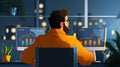 A trader focuses intently on financial data across multiple screens in a sleek, dark workspace filled with charts and plants