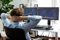 Trader leaning body back looking on dynamic screen at modern office. Gusher.