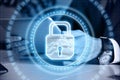 Trader man using tablet computer and digital lock icon hologram Royalty Free Stock Photo