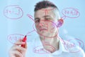 Trader man writing SEO diagram on glass screen Royalty Free Stock Photo