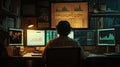 Trader monitors multiple screens displaying stock data and market trends in a dimly lit workspace. Generative AI