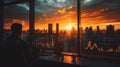 A trader observes breathtaking sunset views from a high-rise office while analyzing market trends. Generative AI