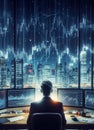 A trader seen from behind is thinking, the background is a monitors and the city, generative ai art