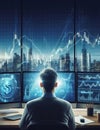 A trader seen from behind is thinking, the background is a monitors and the city, generative ai art