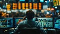 Trader monitoring stock market data in a bustling financial trading room during market hours Royalty Free Stock Photo