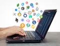 Trader using laptop computer and buying or selling crypto coins on internet Royalty Free Stock Photo