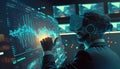 Trader using a virtual reality headset to access a futuristic trading platform. Generative AI