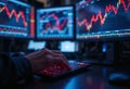Trader working in a dimly lit room, analyzing dynamic graphs on dual screens for stock market insights