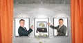 Traders with cool money notebook on frames on wall Royalty Free Stock Photo