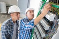 Tradesmen installing distribution board Royalty Free Stock Photo