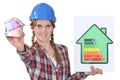 Tradeswoman holding efficiency rating sign