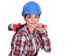 Tradeswoman holding a wrench Royalty Free Stock Photo