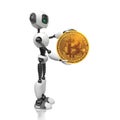 Trading bot. A humanoid robot holds a golden Bitcoin coin in its hand. Creative conceptual illustration on a white background. 3D