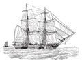 Trading brig as close to the wind, vintage engraving