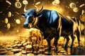 Trading bull with the stack of bitcoins 3d illustration, symbolizing market trends in crypto