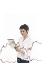 Trading Business woman hold smart device .and Forex Trading Lines Graphs