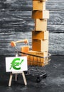 Trading car with boxes and an easel with a green euro symbol. Positive trend. Advertising sale, marketing. Business strategy
