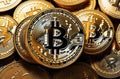 Trading, chart, bitcoin coins, money, rich. Close-up bitcoin coin with flying coins. Bitcoin Crypto currency Gold BTC Royalty Free Stock Photo