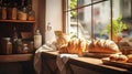 Trading counter of bakery. French rolls and pastries in old vintage store. Showcase with natural farm products