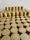 lot of stacked coins of ten mexican pesos Royalty Free Stock Photo