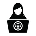 Trading icon vector person with laptop computer female user person profile avatar globe symbol for working online Royalty Free Stock Photo