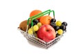 In the trading metal basket are fresh healthy ripe fruits - apple, grapes, tangerines, kiwi, blueberries for a healthy diet. Royalty Free Stock Photo